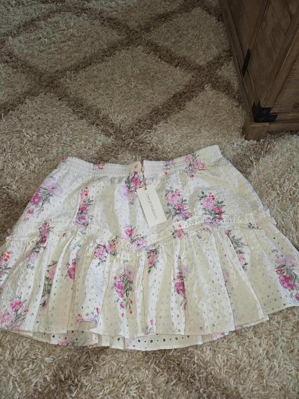 LoveShackFancy White Mini Skirt with Pink Floral Eyelet. (more like an XL)